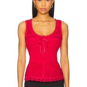 NWT Danielle Guizio Lillie Pintuck Cotton Lace Top Blouse Red Love